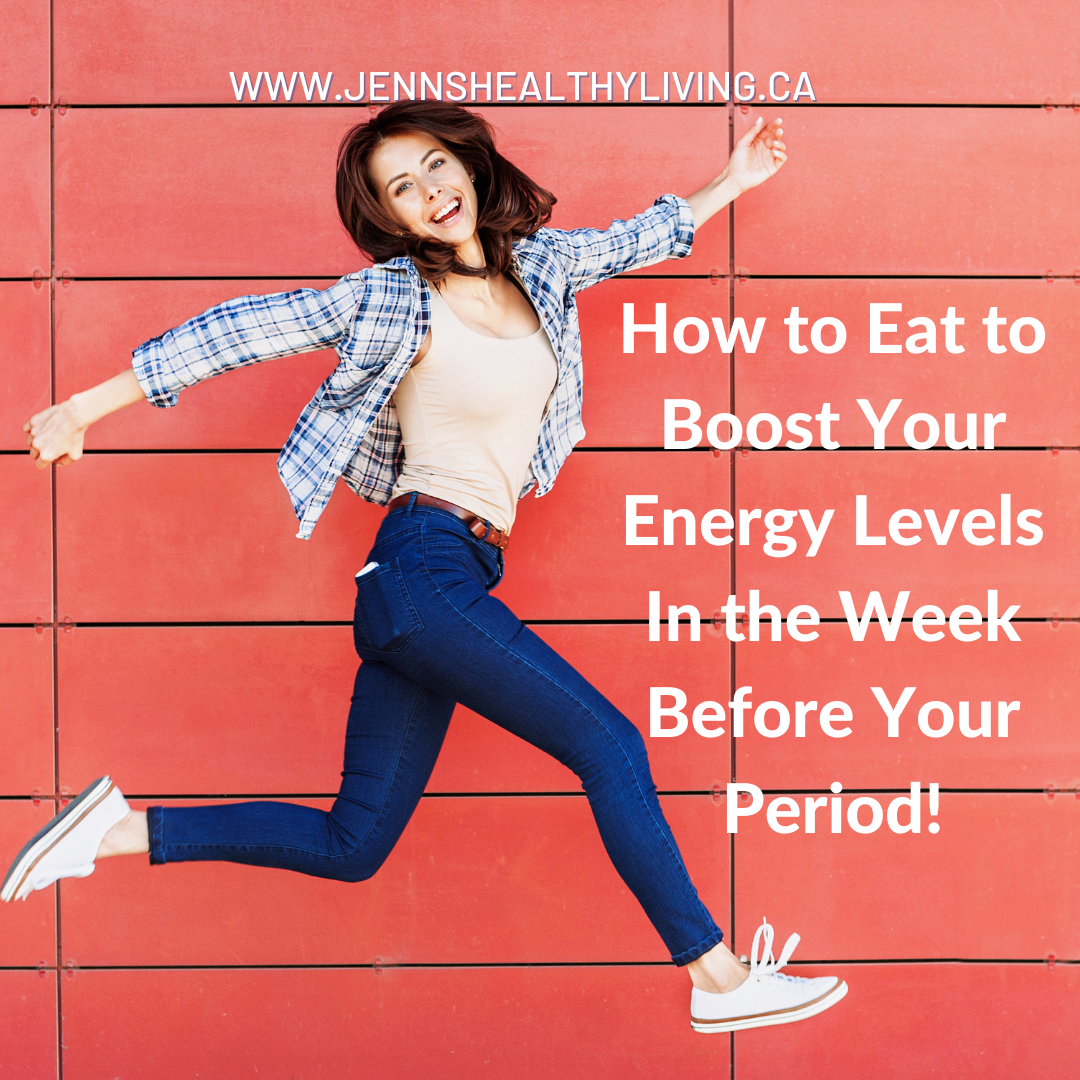 a happy woman jumps in the area against a red background with the text saying: How to Eat to Boost Your Energy Levels In the Week Before Your Period
